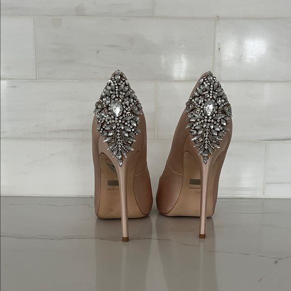 Badgley Mischka Kiara Satin Rhinestone Embellished Nude Heels - Picture 3 of 13
